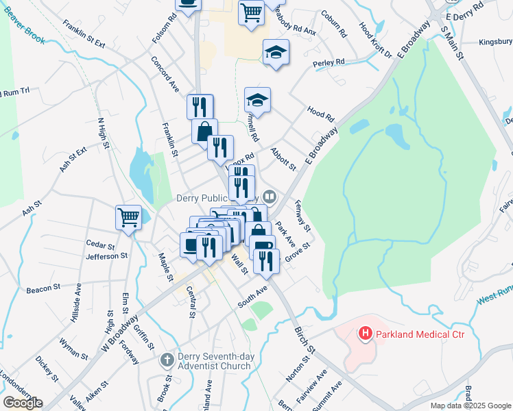 map of restaurants, bars, coffee shops, grocery stores, and more near 6 Marlboro Road in Derry