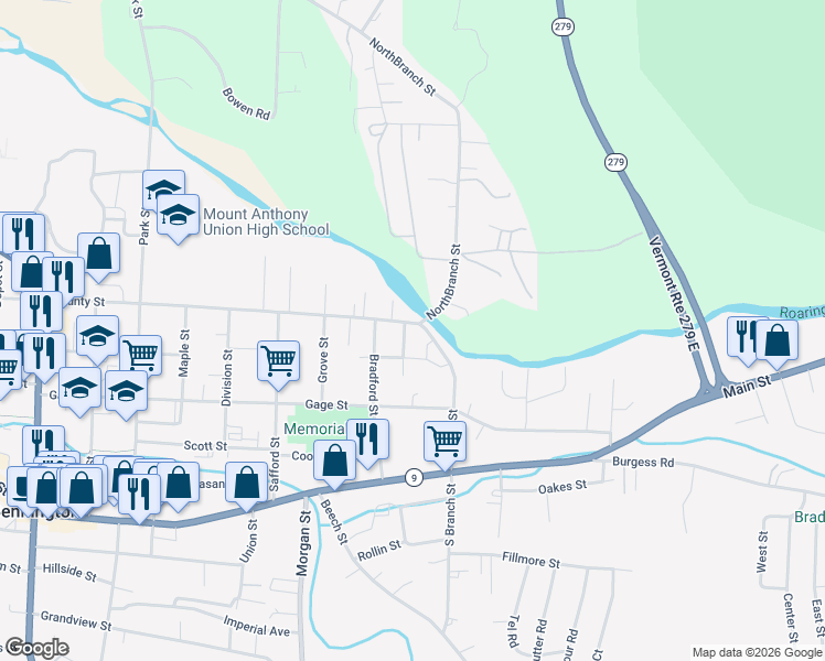 map of restaurants, bars, coffee shops, grocery stores, and more near 234 Branch Street in Bennington