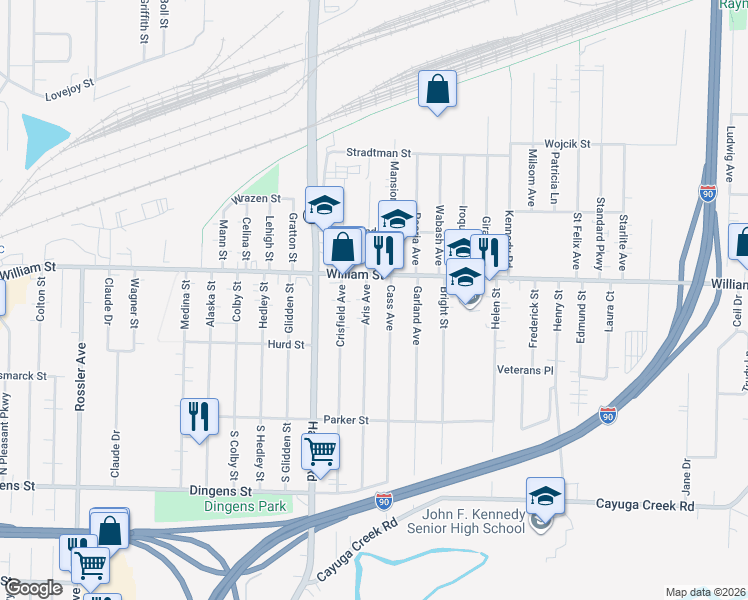 map of restaurants, bars, coffee shops, grocery stores, and more near 254 Cass Avenue in Buffalo