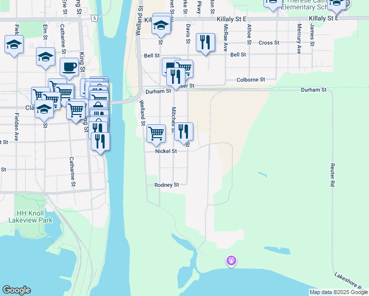 map of restaurants, bars, coffee shops, grocery stores, and more near 189 Davis Street in Port Colborne