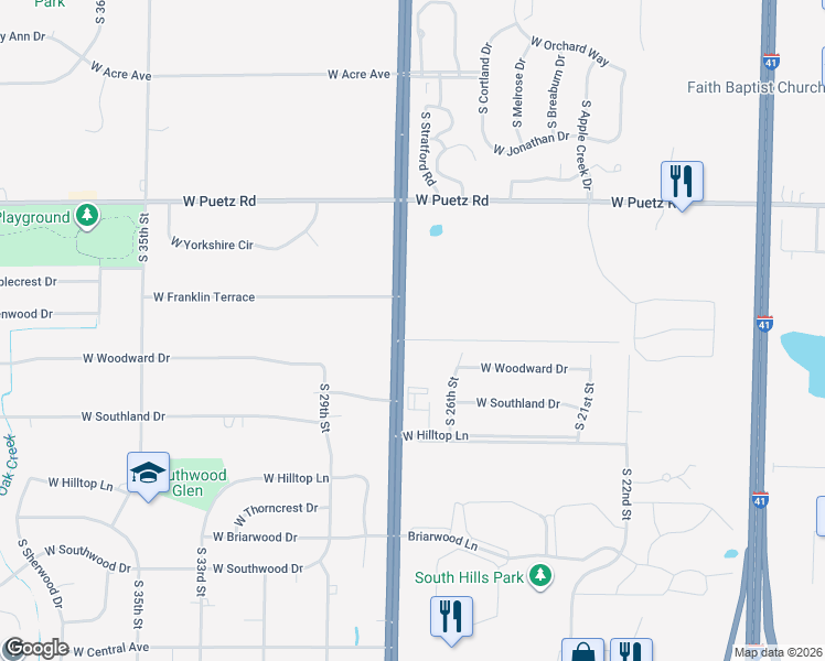 map of restaurants, bars, coffee shops, grocery stores, and more near 8900 South 27th Street in Oak Creek