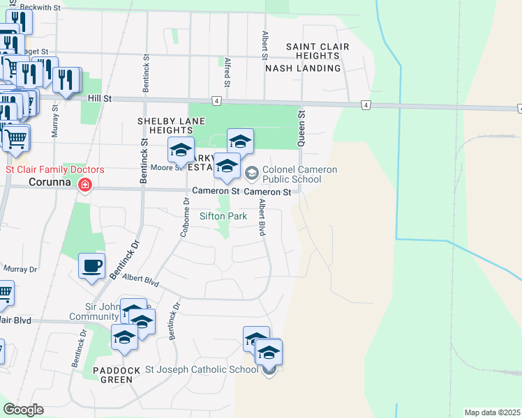 map of restaurants, bars, coffee shops, grocery stores, and more near 342 Walnut Court in Corunna