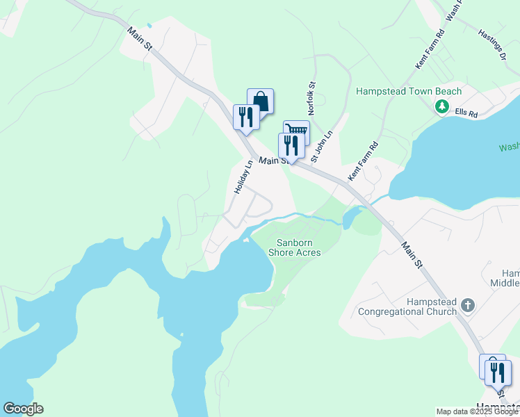map of restaurants, bars, coffee shops, grocery stores, and more near 35 Island Pond Road in Hampstead
