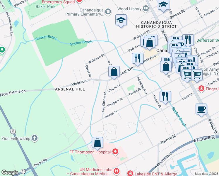 map of restaurants, bars, coffee shops, grocery stores, and more near 230 Chapin St in Canandaigua