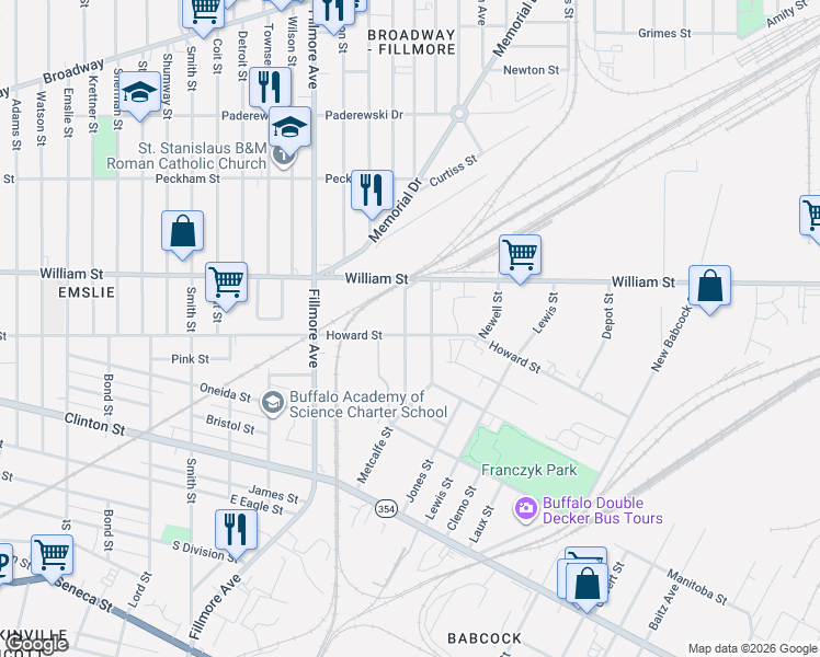 map of restaurants, bars, coffee shops, grocery stores, and more near 496 Howard Street in Buffalo