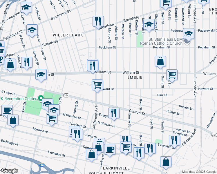 map of restaurants, bars, coffee shops, grocery stores, and more near 50 Howard Street in Buffalo