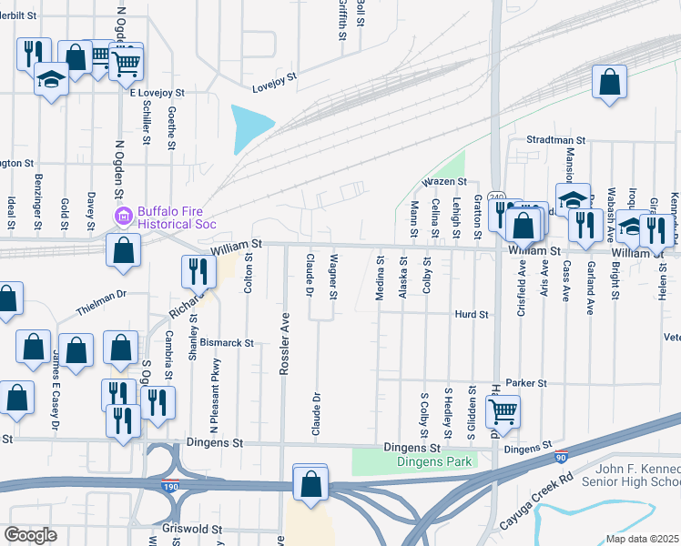 map of restaurants, bars, coffee shops, grocery stores, and more near 215 Wagner Street in Buffalo