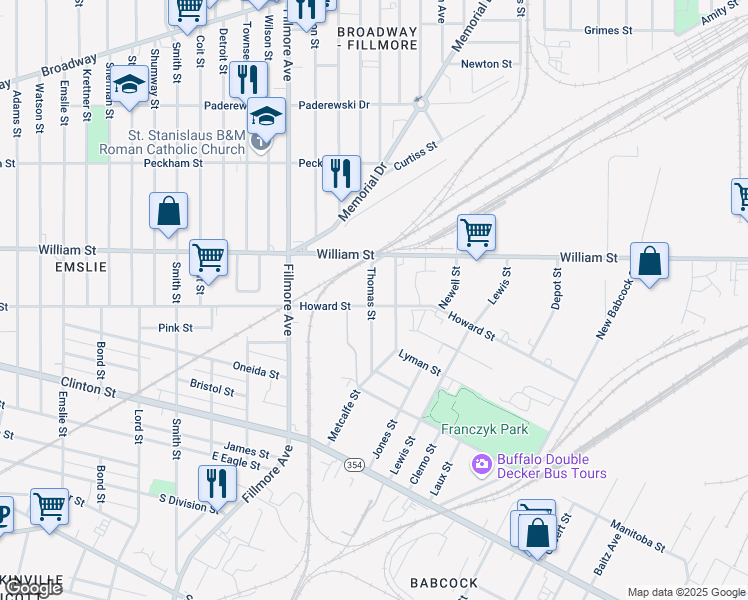 map of restaurants, bars, coffee shops, grocery stores, and more near 494 Howard St in Buffalo