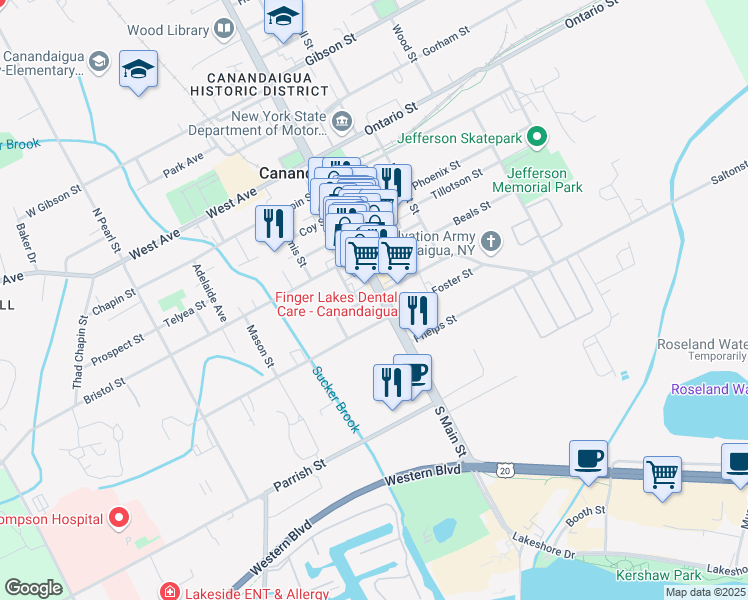 map of restaurants, bars, coffee shops, grocery stores, and more near 272 South Main Street in Canandaigua