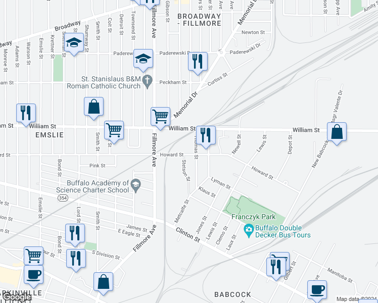 map of restaurants, bars, coffee shops, grocery stores, and more near 482 Howard Street in Buffalo