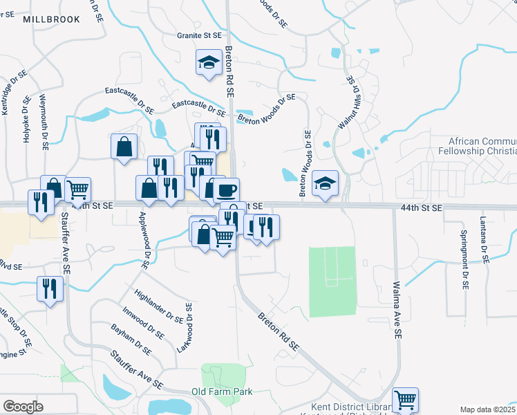 map of restaurants, bars, coffee shops, grocery stores, and more near 2470 44th Street Southeast in Kentwood