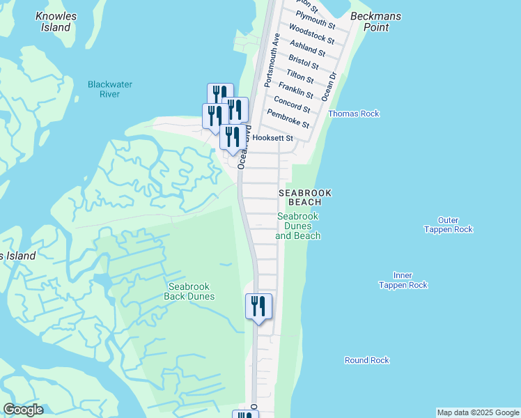 map of restaurants, bars, coffee shops, grocery stores, and more near 23 Chelmsford Street in Seabrook