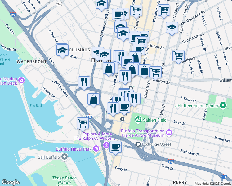 map of restaurants, bars, coffee shops, grocery stores, and more near 31 Church Street in Buffalo