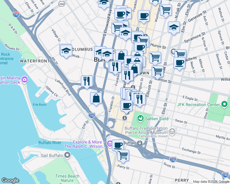 map of restaurants, bars, coffee shops, grocery stores, and more near 31 Church Street in Buffalo