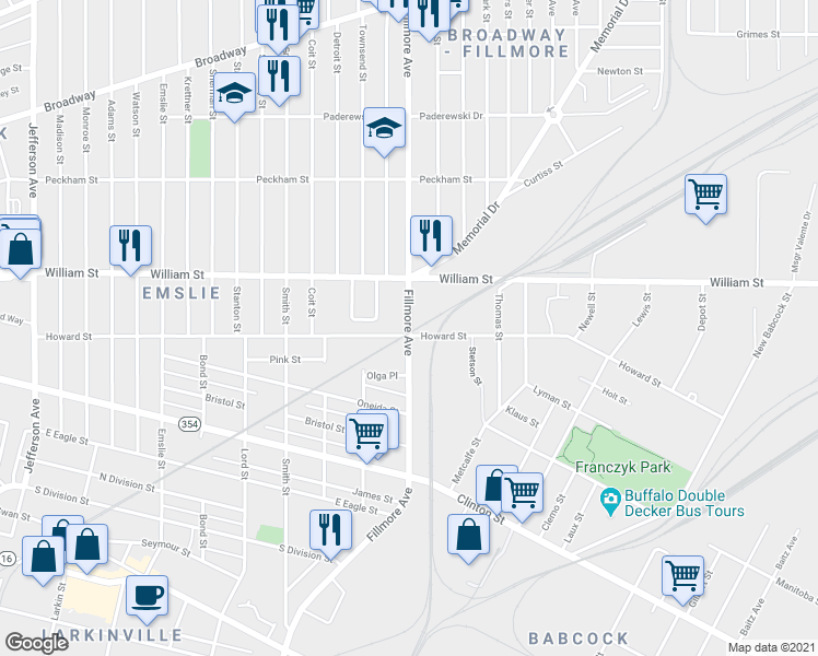 map of restaurants, bars, coffee shops, grocery stores, and more near 393 Fillmore Avenue in Buffalo
