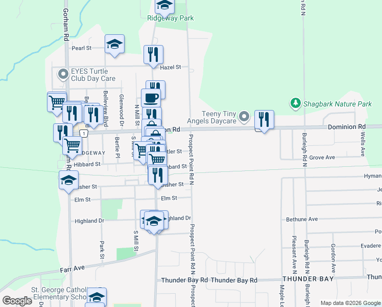 map of restaurants, bars, coffee shops, grocery stores, and more near 342 Prospect Point Road North in Fort Erie