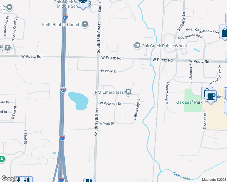 map of restaurants, bars, coffee shops, grocery stores, and more near 1045 West Riverside Drive in Oak Creek