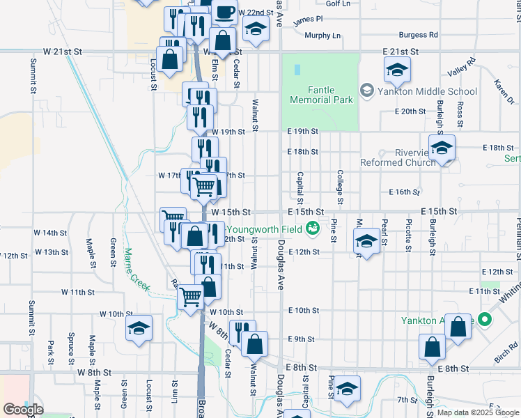 map of restaurants, bars, coffee shops, grocery stores, and more near 1500 Walnut Street in Yankton