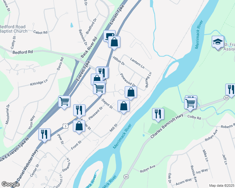 map of restaurants, bars, coffee shops, grocery stores, and more near 8 Hummingbird Lane in Merrimack