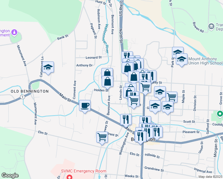 map of restaurants, bars, coffee shops, grocery stores, and more near 153 Benmont Avenue in Bennington
