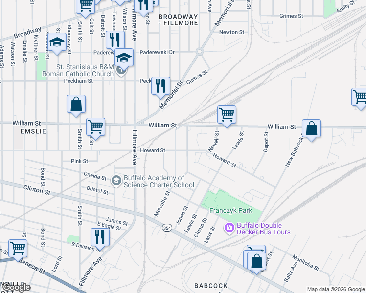 map of restaurants, bars, coffee shops, grocery stores, and more near 508 Howard Street in Buffalo