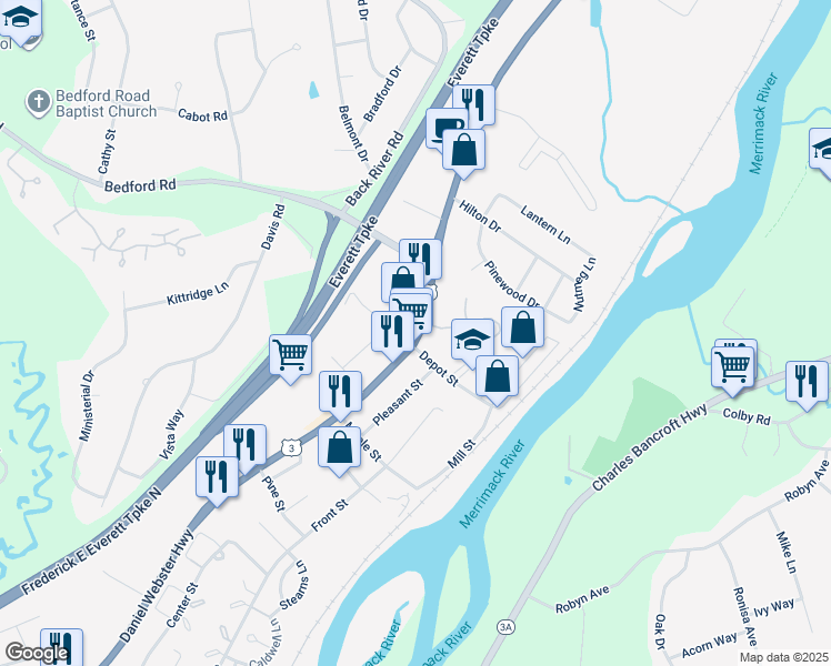 map of restaurants, bars, coffee shops, grocery stores, and more near 600 Daniel Webster Highway in Merrimack