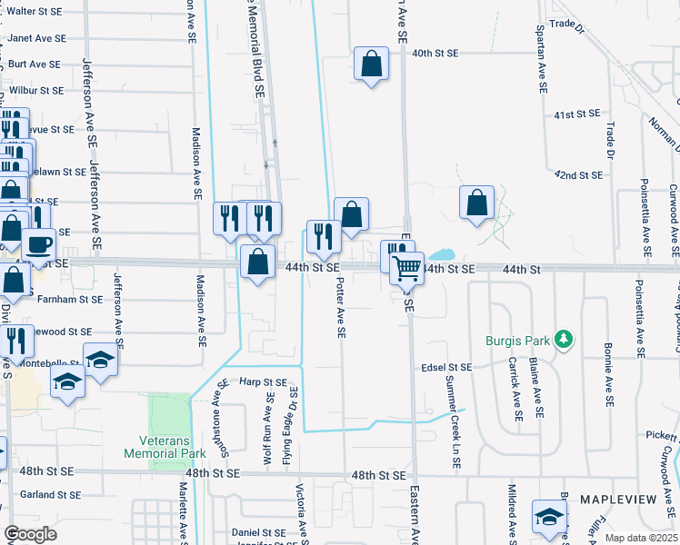 map of restaurants, bars, coffee shops, grocery stores, and more near 4406 Potter Avenue Southeast in Kentwood
