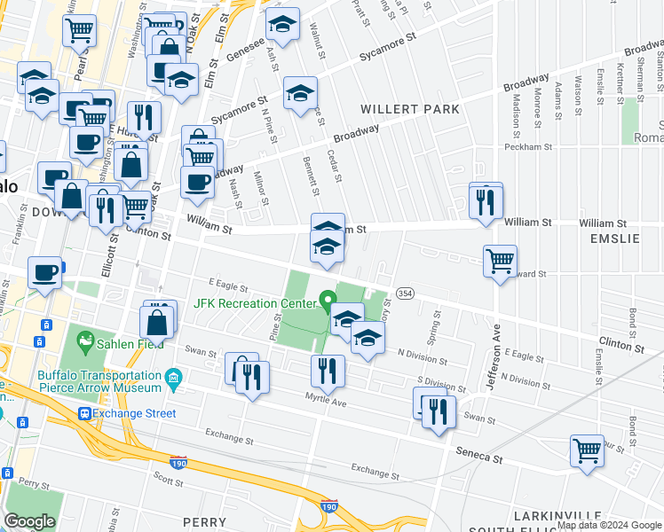 map of restaurants, bars, coffee shops, grocery stores, and more near 6 Essex Lane in Buffalo