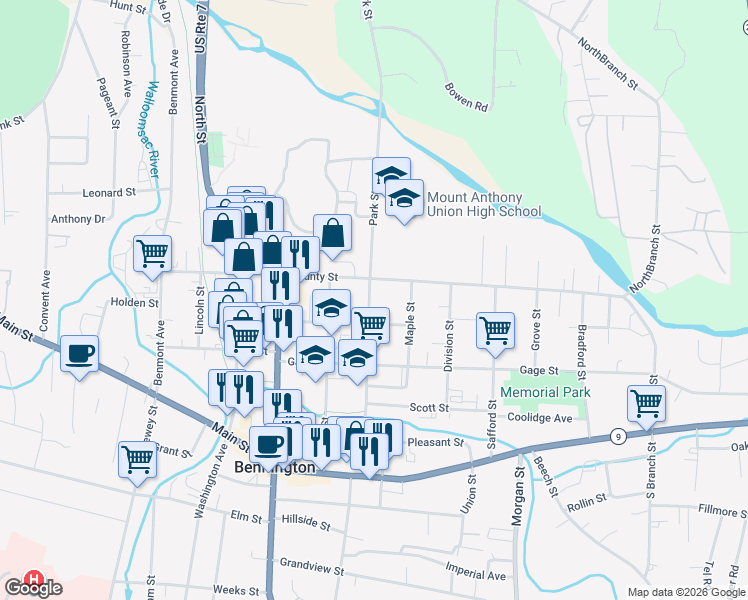map of restaurants, bars, coffee shops, grocery stores, and more near 229 Park Street in Bennington