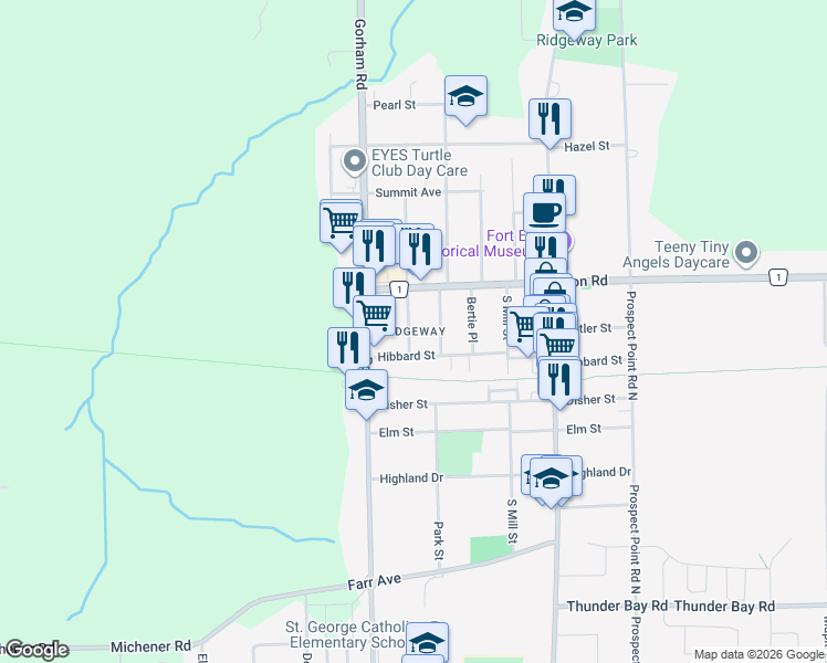map of restaurants, bars, coffee shops, grocery stores, and more near 350 Thornwood Avenue in Fort Erie