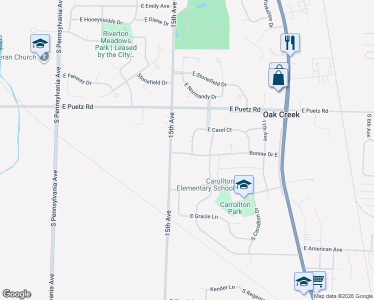 map of restaurants, bars, coffee shops, grocery stores, and more near 8833 South Carol Court in Oak Creek