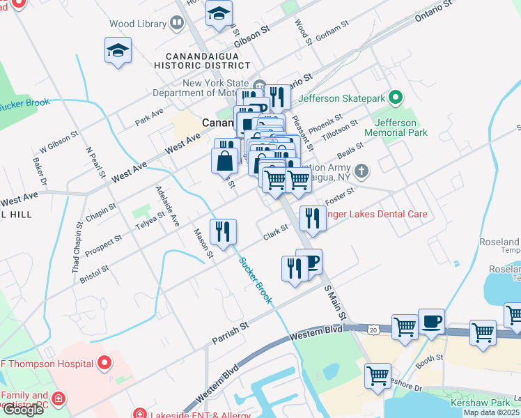 map of restaurants, bars, coffee shops, grocery stores, and more near 16 Antis Street in Canandaigua