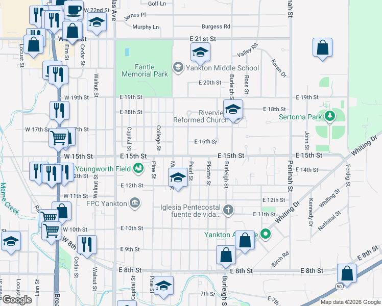 map of restaurants, bars, coffee shops, grocery stores, and more near 600 East 15th Street in Yankton