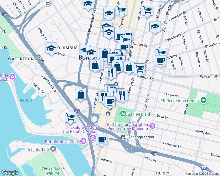 map of restaurants, bars, coffee shops, grocery stores, and more near 11 Church Street in Buffalo