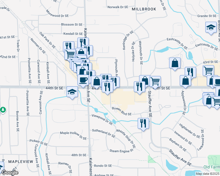 map of restaurants, bars, coffee shops, grocery stores, and more near 44th St SE & Bowen Blvd SE in Grand Rapids