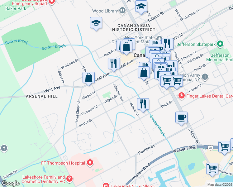 map of restaurants, bars, coffee shops, grocery stores, and more near 108 Adelaide Avenue in Canandaigua
