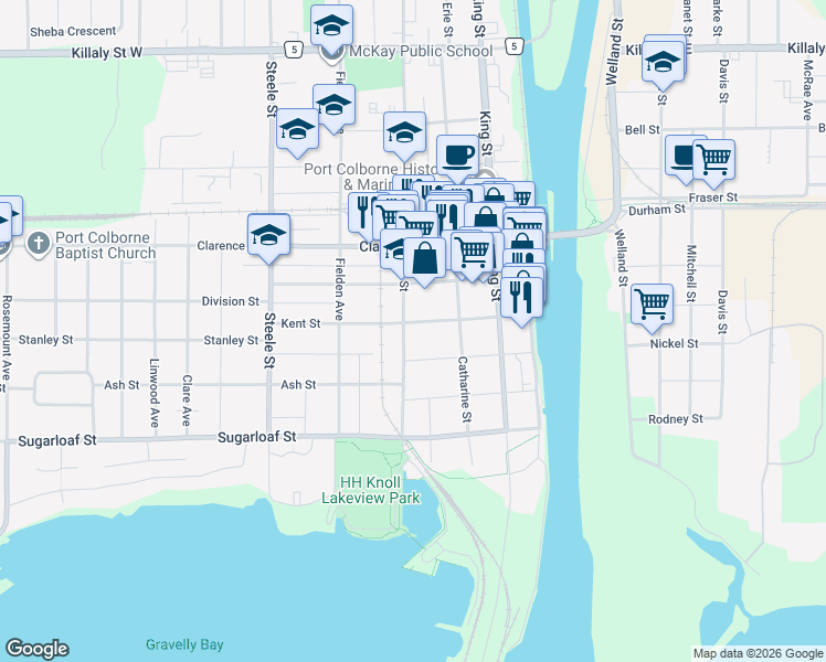 map of restaurants, bars, coffee shops, grocery stores, and more near 120 Kent Street in Port Colborne