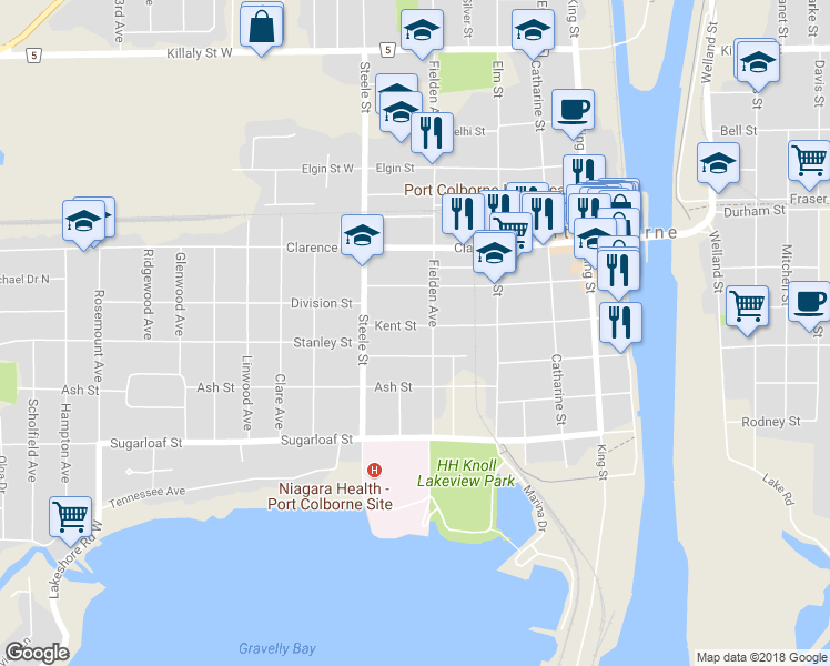 map of restaurants, bars, coffee shops, grocery stores, and more near 218 Kent Street in Port Colborne