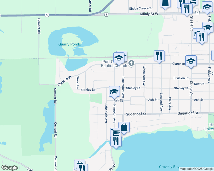 map of restaurants, bars, coffee shops, grocery stores, and more near 579 Stanley Street in Port Colborne