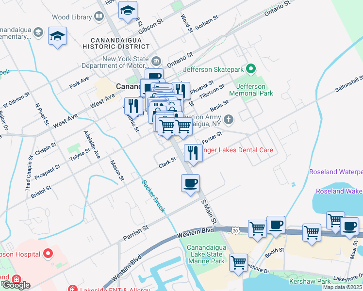 map of restaurants, bars, coffee shops, grocery stores, and more near 272 South Main Street in Canandaigua