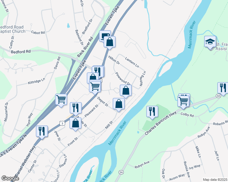 map of restaurants, bars, coffee shops, grocery stores, and more near 8 Hummingbird Lane in Merrimack