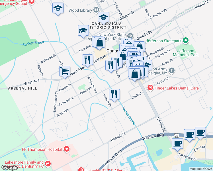 map of restaurants, bars, coffee shops, grocery stores, and more near 81 Bristol Street in Canandaigua
