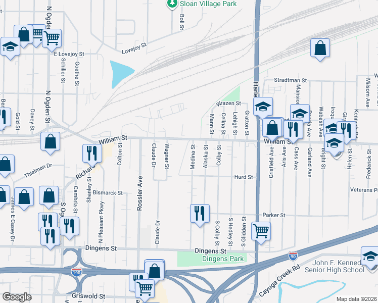 map of restaurants, bars, coffee shops, grocery stores, and more near 218 Medina Street in Buffalo