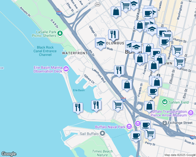 map of restaurants, bars, coffee shops, grocery stores, and more near 7 Ojibwa Circle in Buffalo