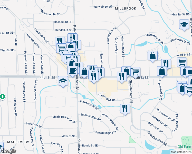map of restaurants, bars, coffee shops, grocery stores, and more near 1710 44th Street Southeast in Kentwood