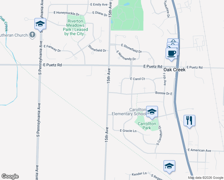 map of restaurants, bars, coffee shops, grocery stores, and more near 8833 South Carol Court in Oak Creek
