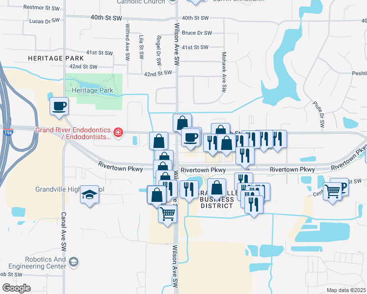 map of restaurants, bars, coffee shops, grocery stores, and more near 4460 Wilson Avenue Southwest in Grandville