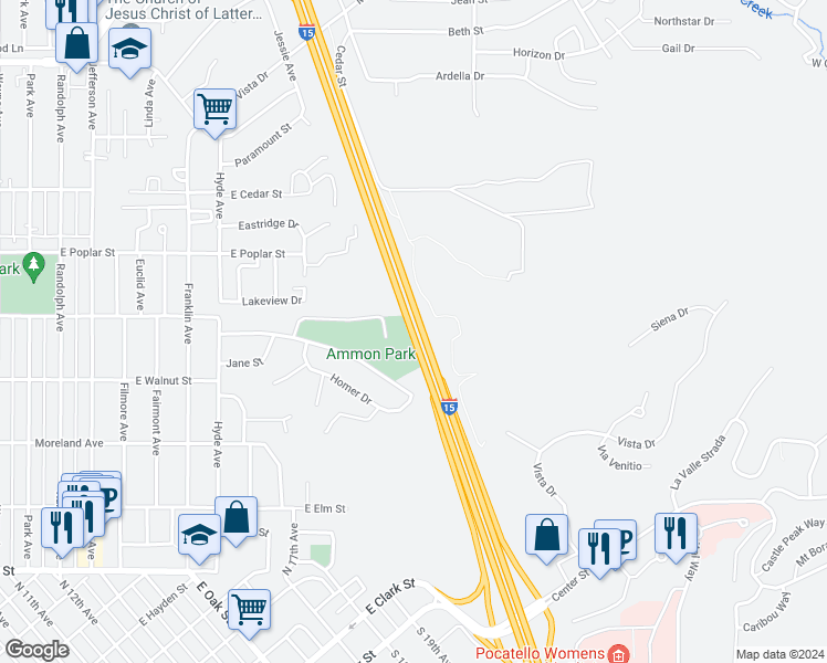 map of restaurants, bars, coffee shops, grocery stores, and more near East Veterans Memorial Highway in Pocatello