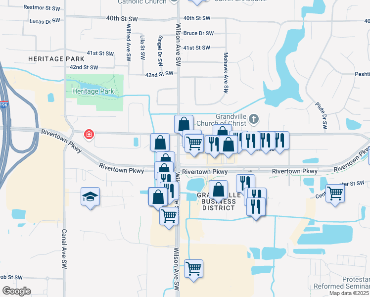 map of restaurants, bars, coffee shops, grocery stores, and more near 4460 Wilson Avenue Southwest in Grandville