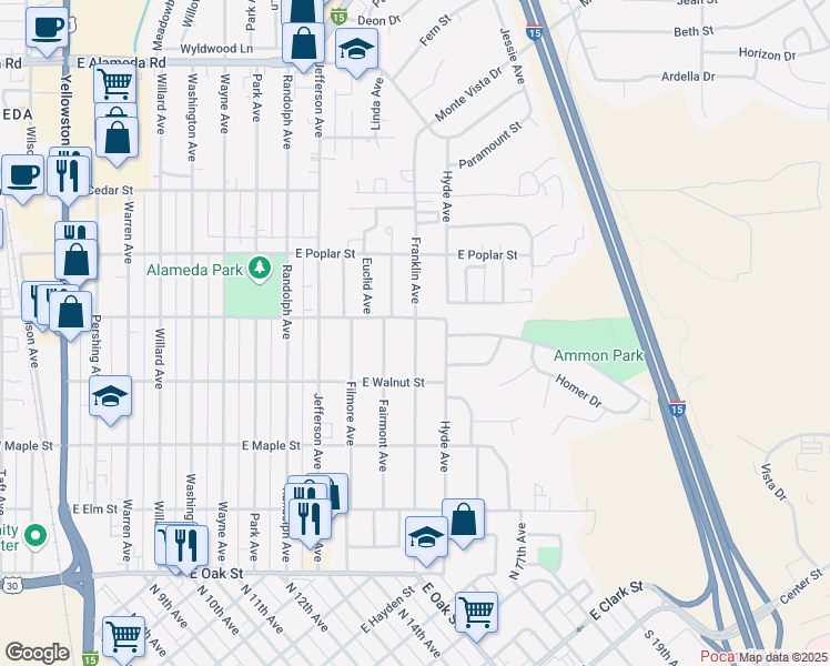 map of restaurants, bars, coffee shops, grocery stores, and more near 473 Franklin Avenue in Pocatello